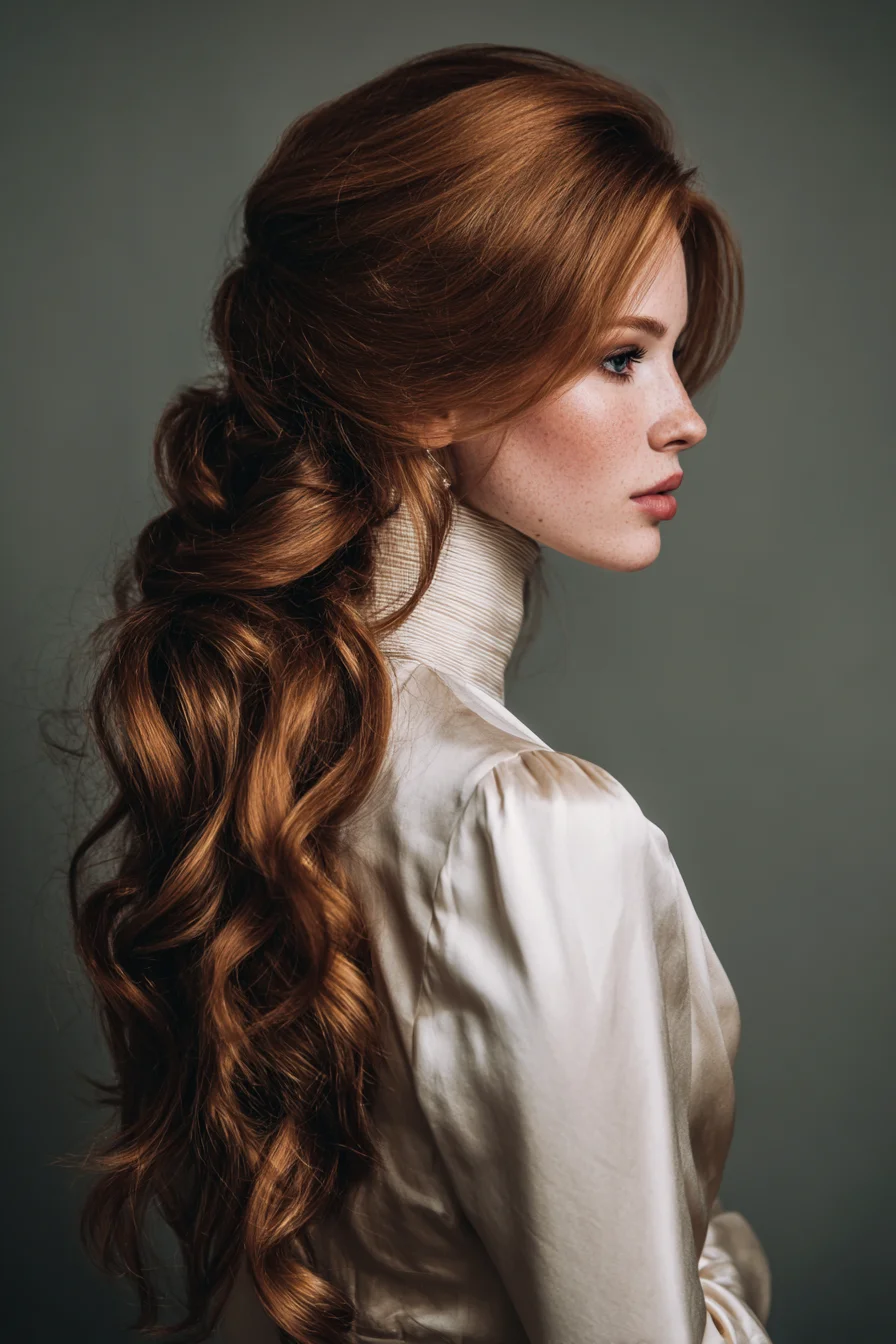 Voluminous Low Cascade Ponytail with Loose S‑Shaped Waves