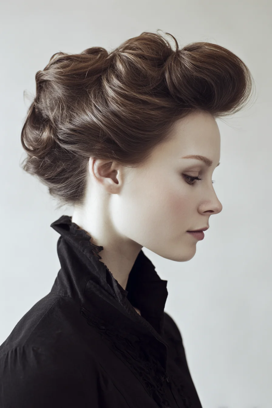 Voluminous Pompadour Updo with Soft Rolled Chignon
