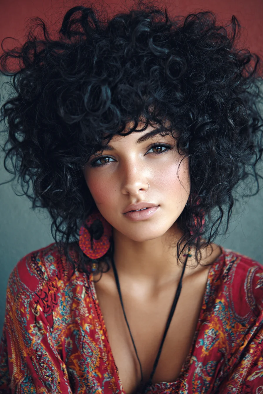 Voluminous Short Curly Afro with Textured Fringe