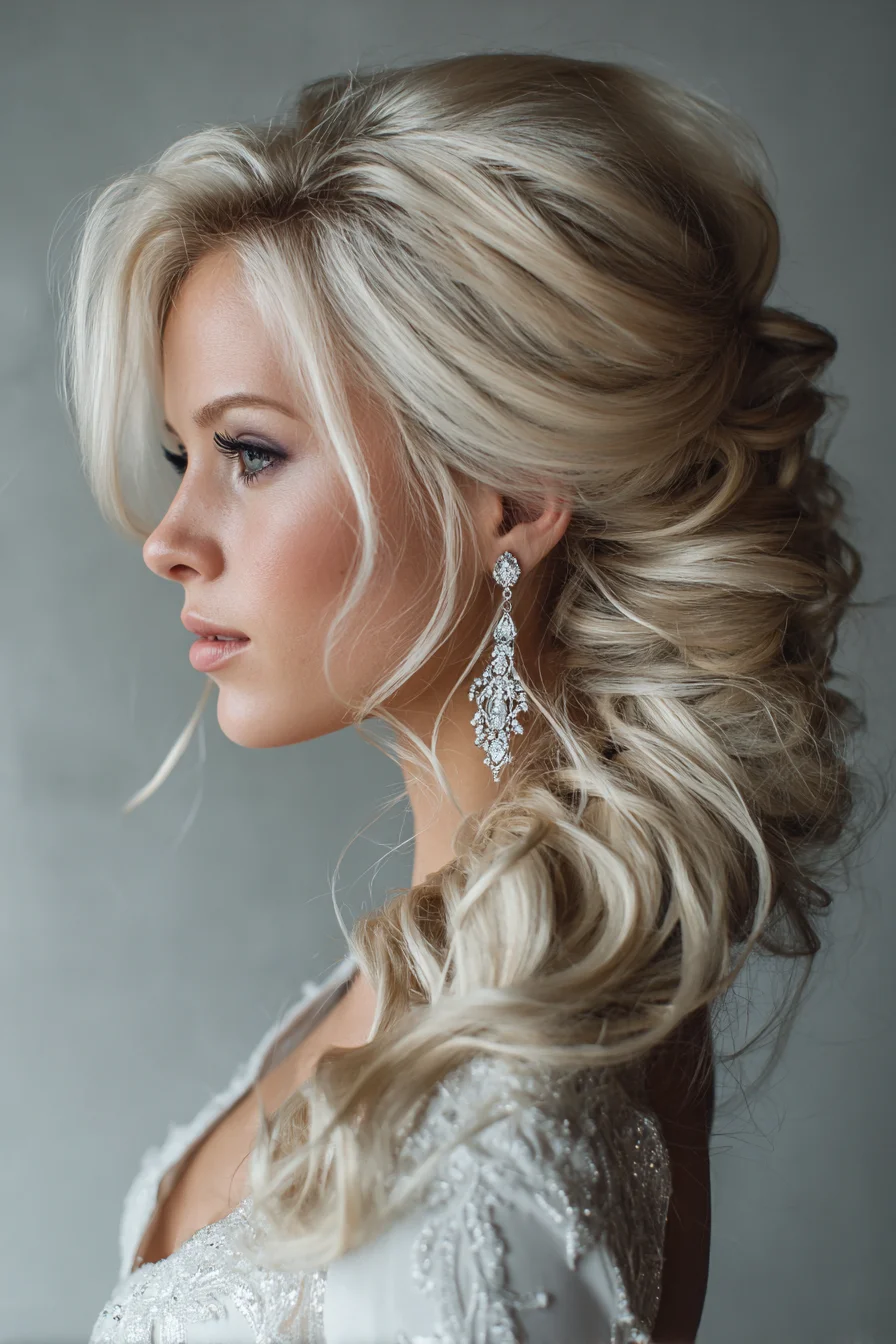 Voluminous Side-Swept Bridal Updo with Loose Barrel Curls