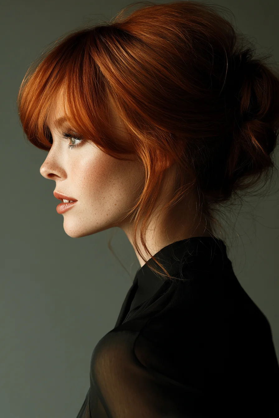 Voluminous Textured Copper Updo with Soft Curtain Bangs