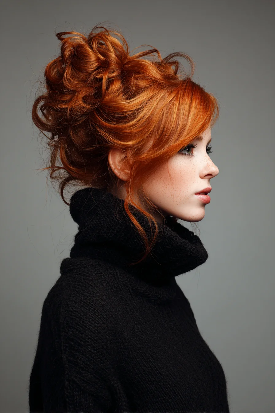 Voluminous Textured Curly Updo with Face‑Framing Tendrils