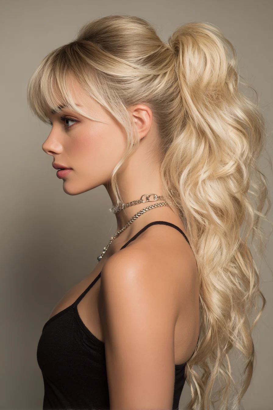 Voluminous Textured High Ponytail with Curtain Bangs
