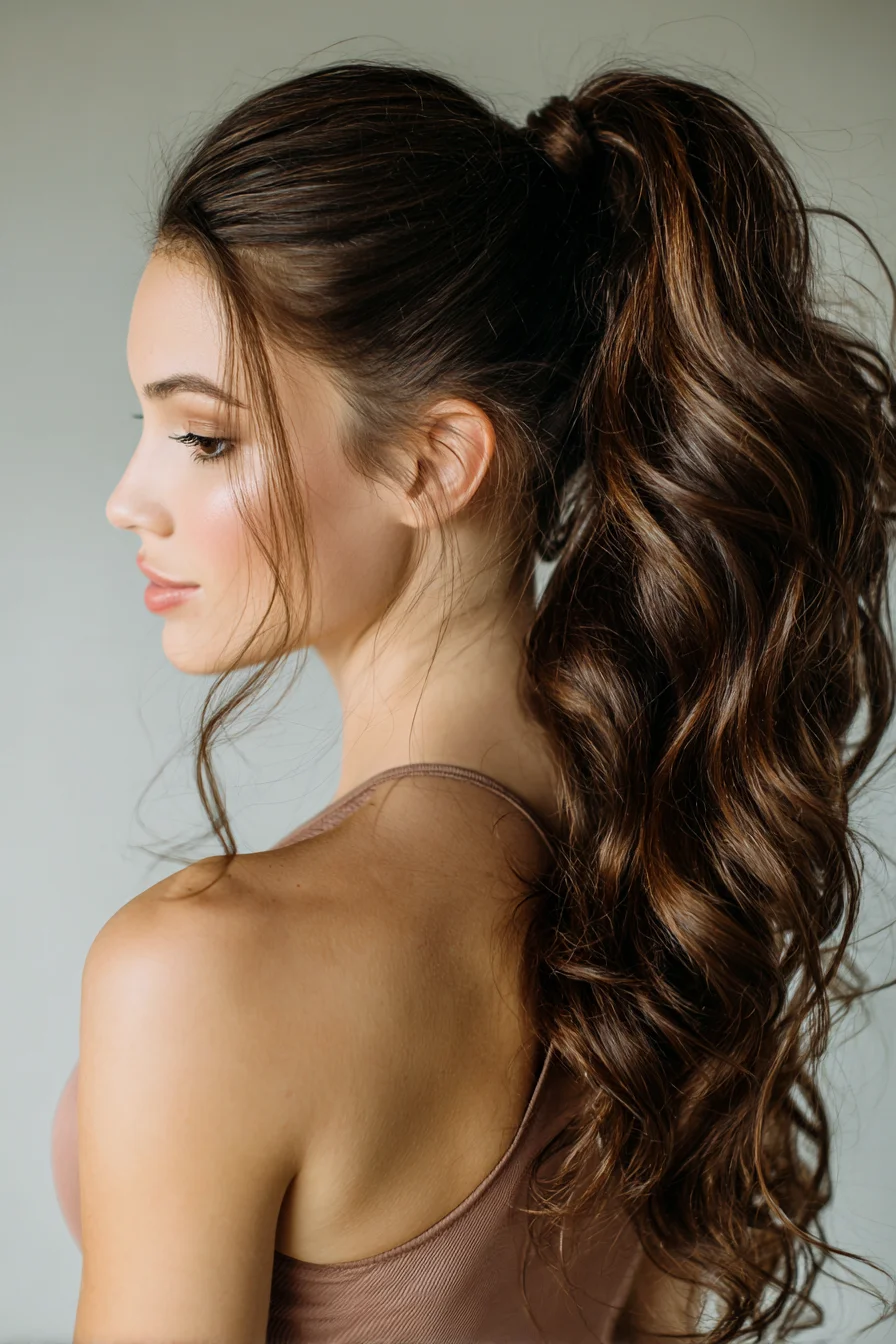 Voluminous Textured High Ponytail with Loose Face‑Framing Tendrils