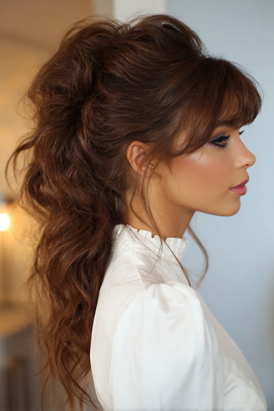 Voluminous Textured High Ponytail with Soft Fringe