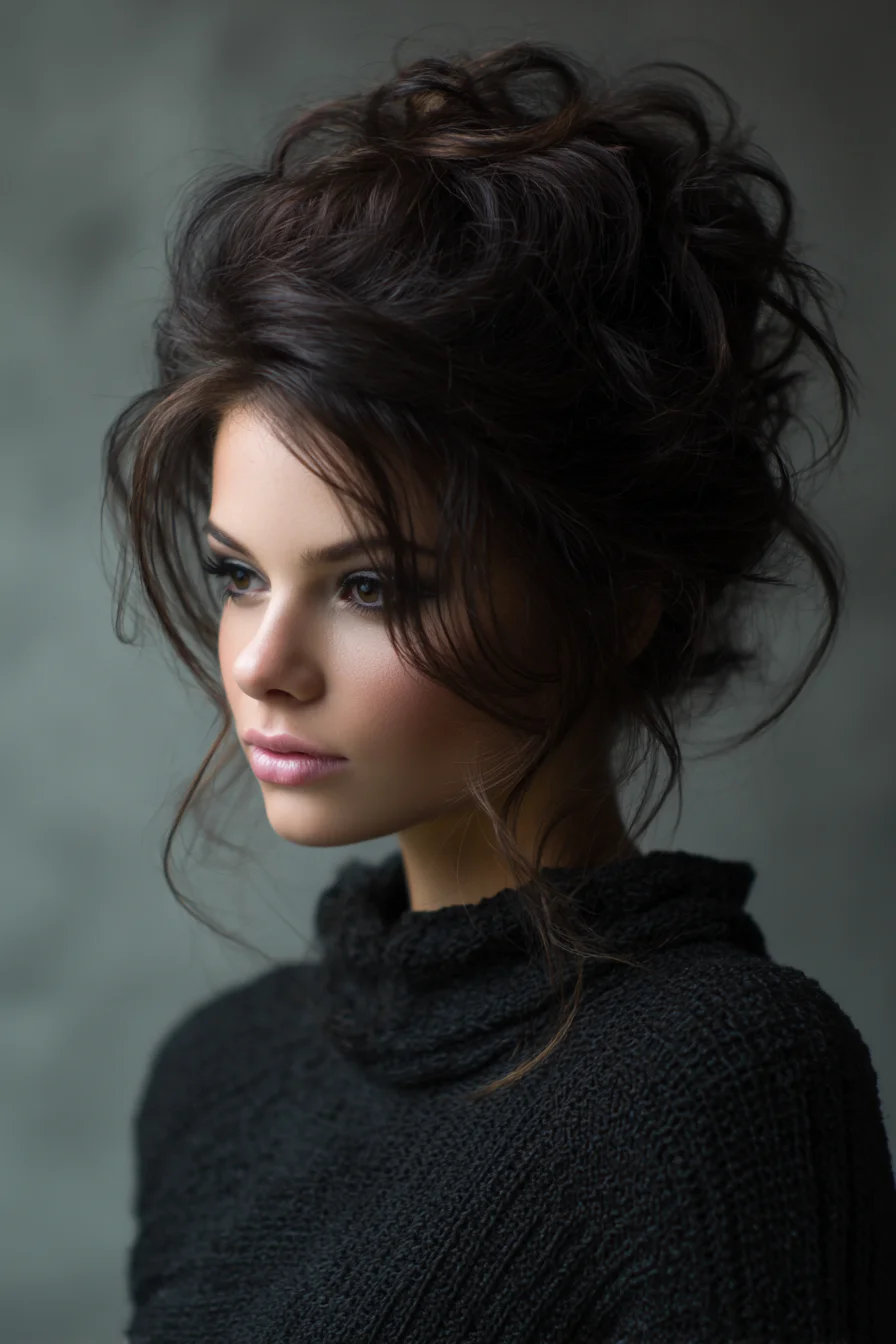 Voluminous Textured Messy Updo with Face‑Framing Tendrils