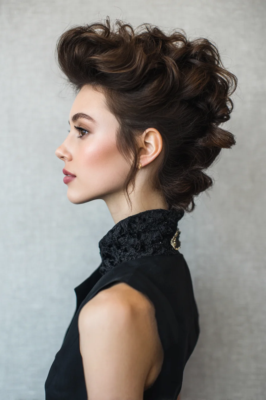 Voluminous Textured Pompadour Updo for Wavy to Curly Hair