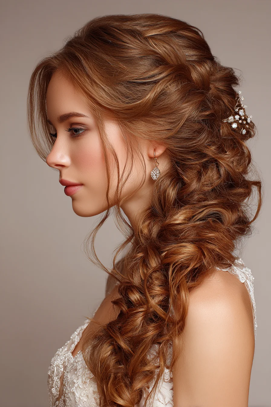 Voluminous Textured Side Braid with Soft Face‑Framing Tendrils