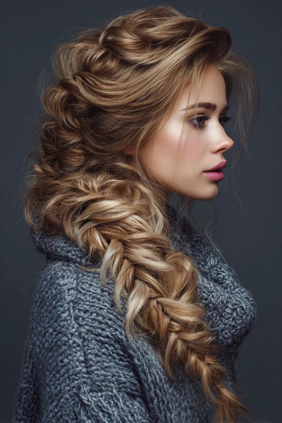Voluminous Textured Side Fishtail Braid with Face‑Framing Layers