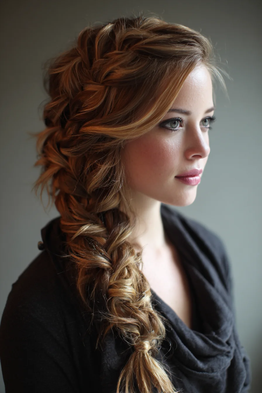 Voluminous Textured Side Fishtail Braid with Soft Face-Framing Layers