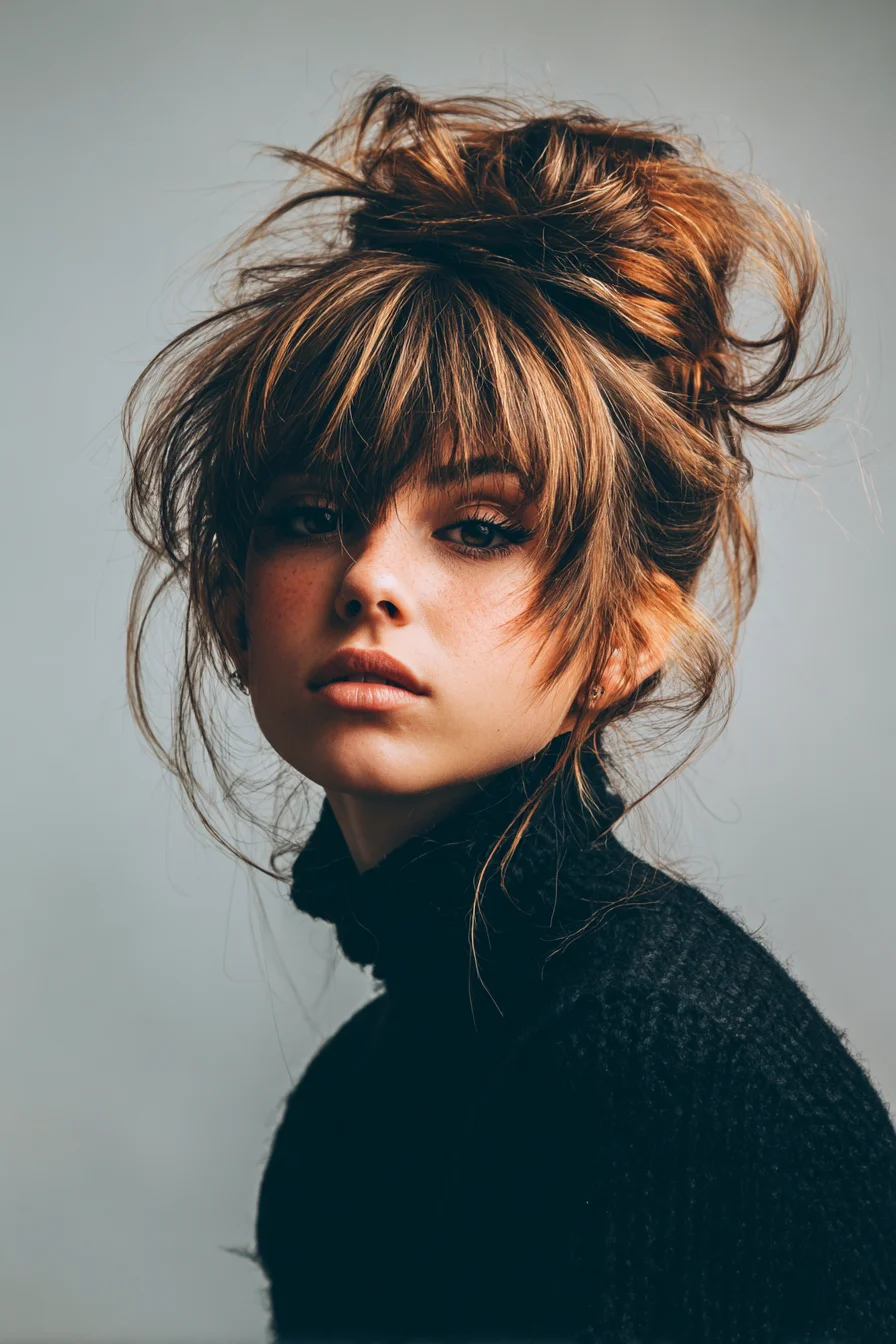 Voluminous Textured Top Knot with Wispy Bangs