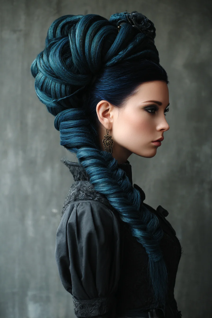 Voluminous Twisted Braided Updo with Deep Teal Color