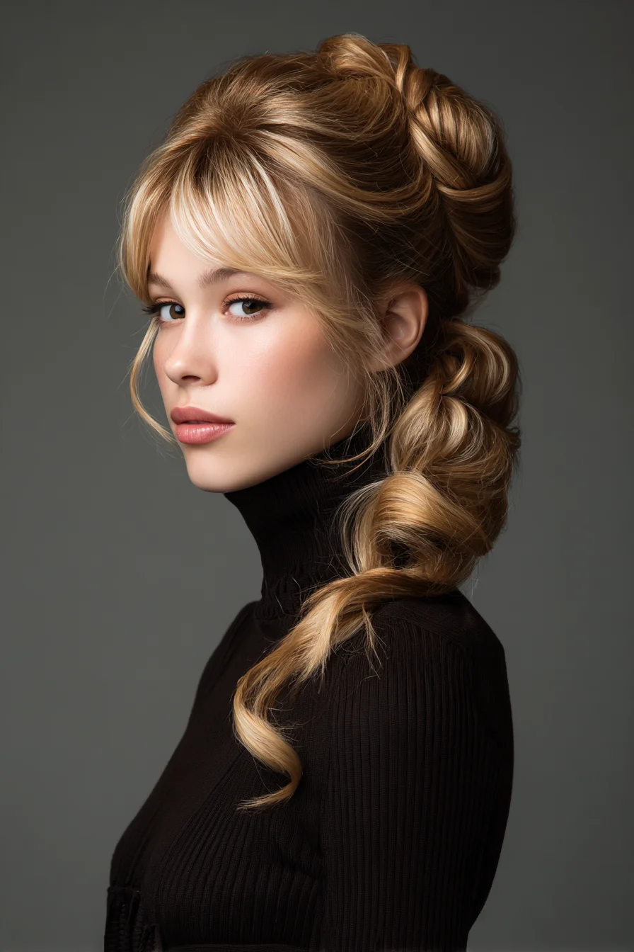 Voluminous Twisted Bubble Braid with Face‑Framing Curtain Bangs