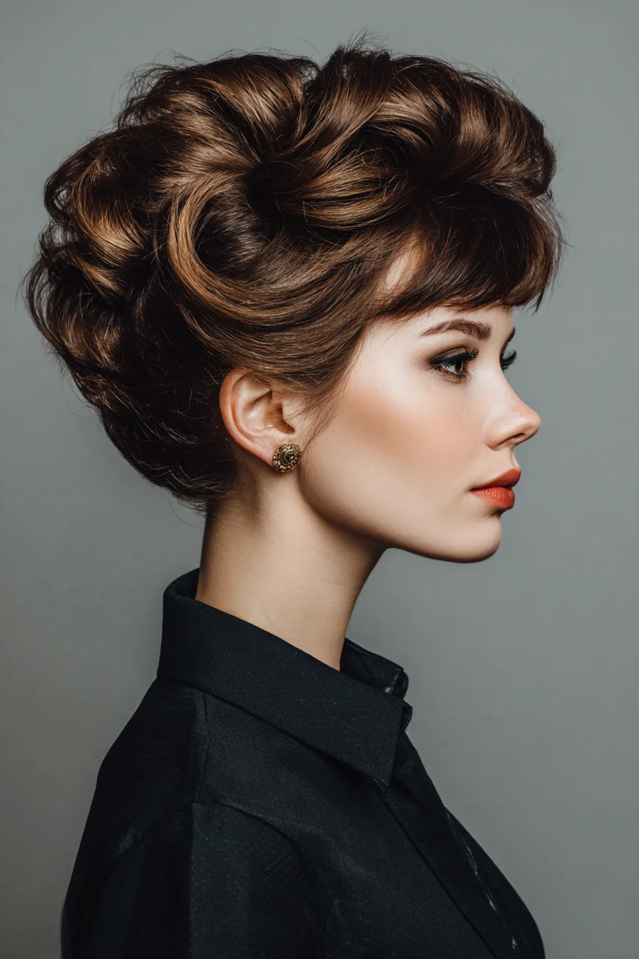 Voluminous Vintage Rolled Updo with Soft Fringe