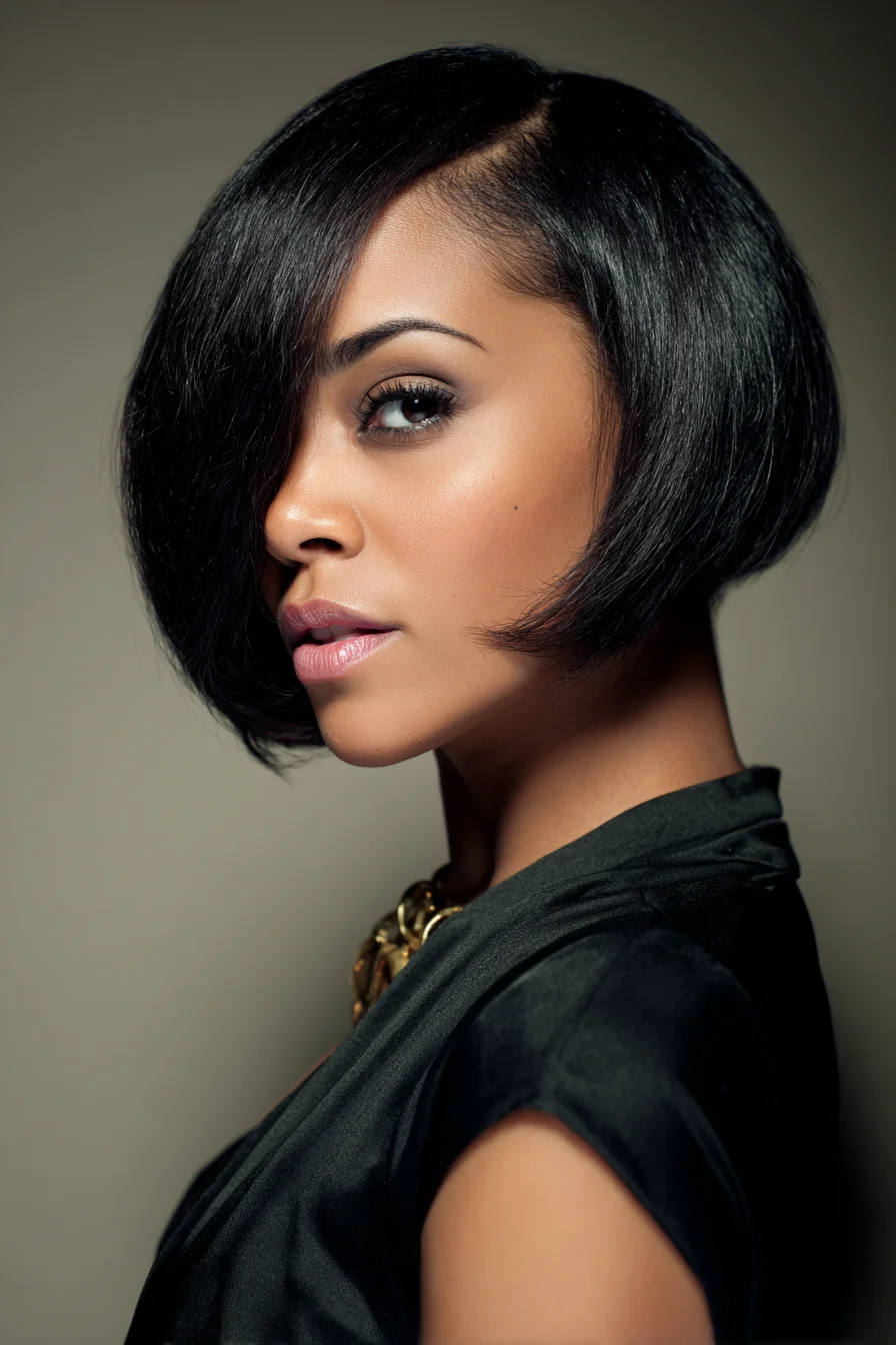 Asymmetrical Angled Bob with Deep Side Part — Sleek Smooth Finish