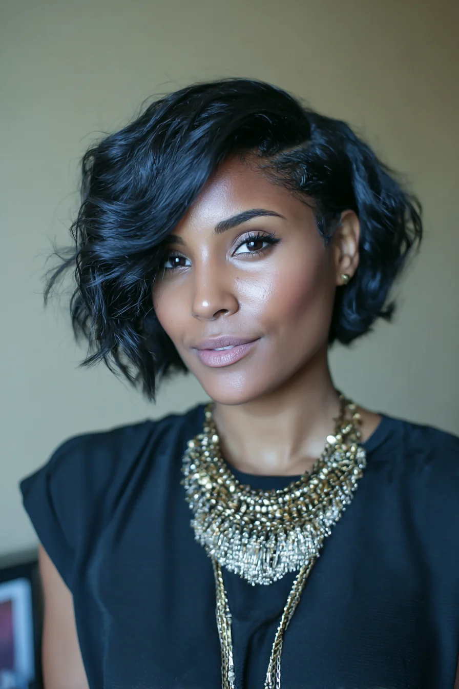 Asymmetrical Textured Bob with Deep Side Part — Short Wavy Bob