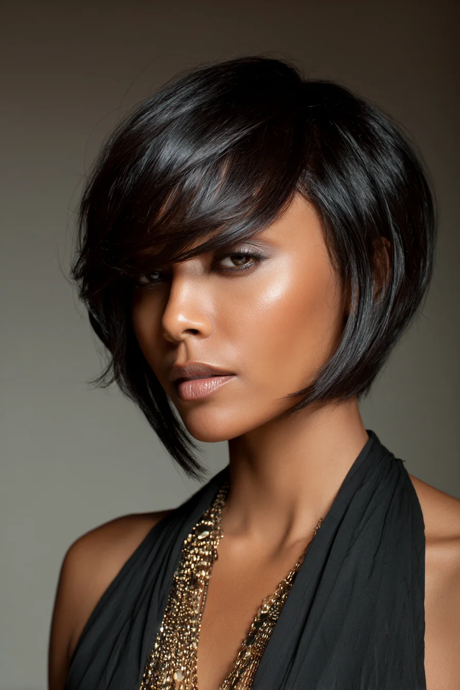 Asymmetrical Textured Bob with Side-Swept Fringe