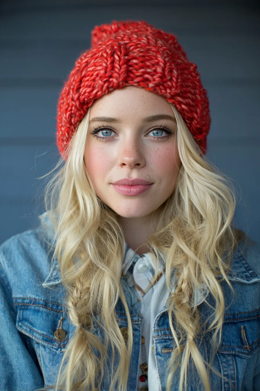 Beachy Waves with Loose Side Braids and Knit Beanie — Blonde Boho Style