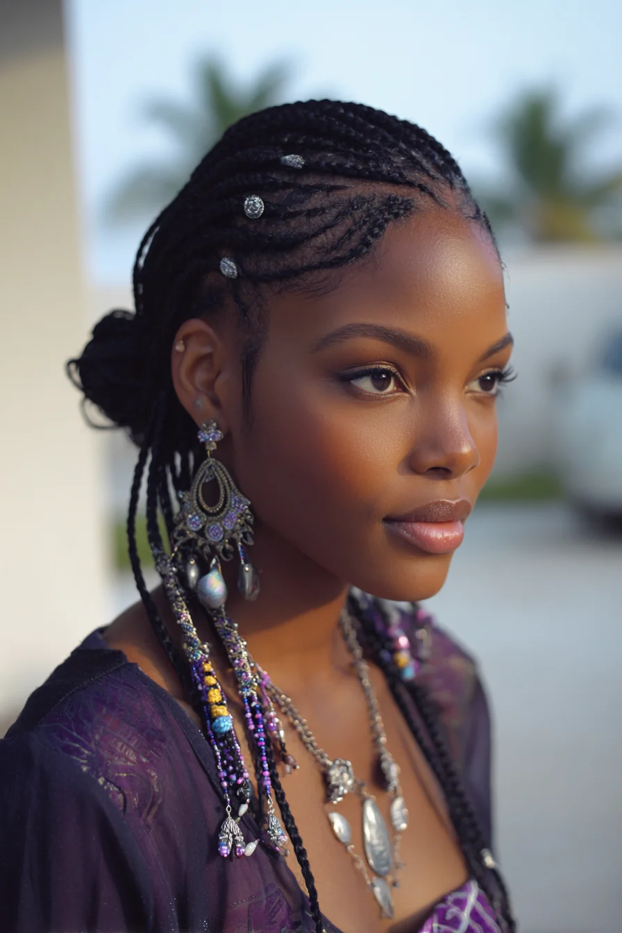 Beaded Feed-In Cornrows to Thin Box Braids with Low Bun — Protective Natural Style