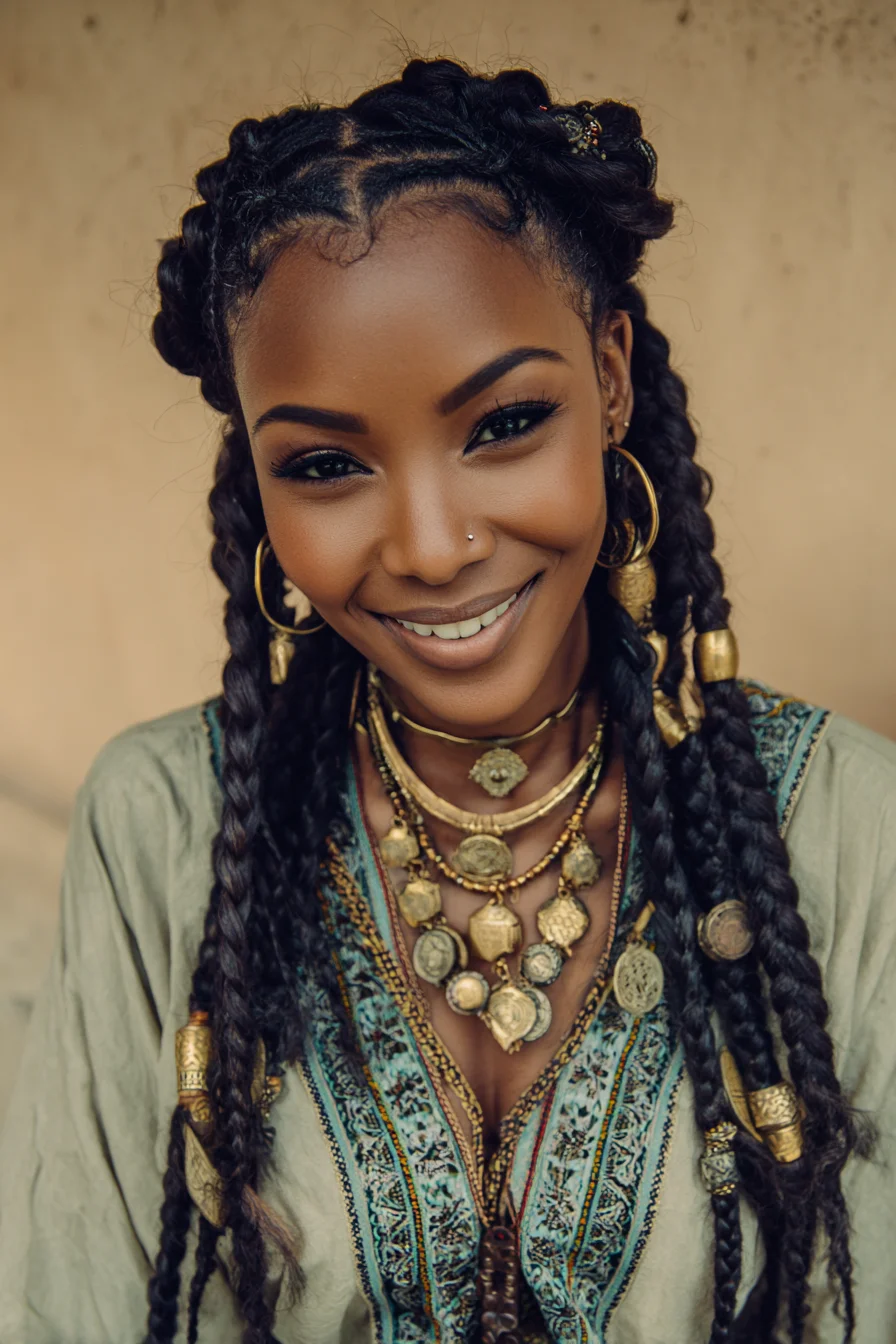 Bohemian Feed‑In Cornrows with Thick Box Braids and Gold Cuffs