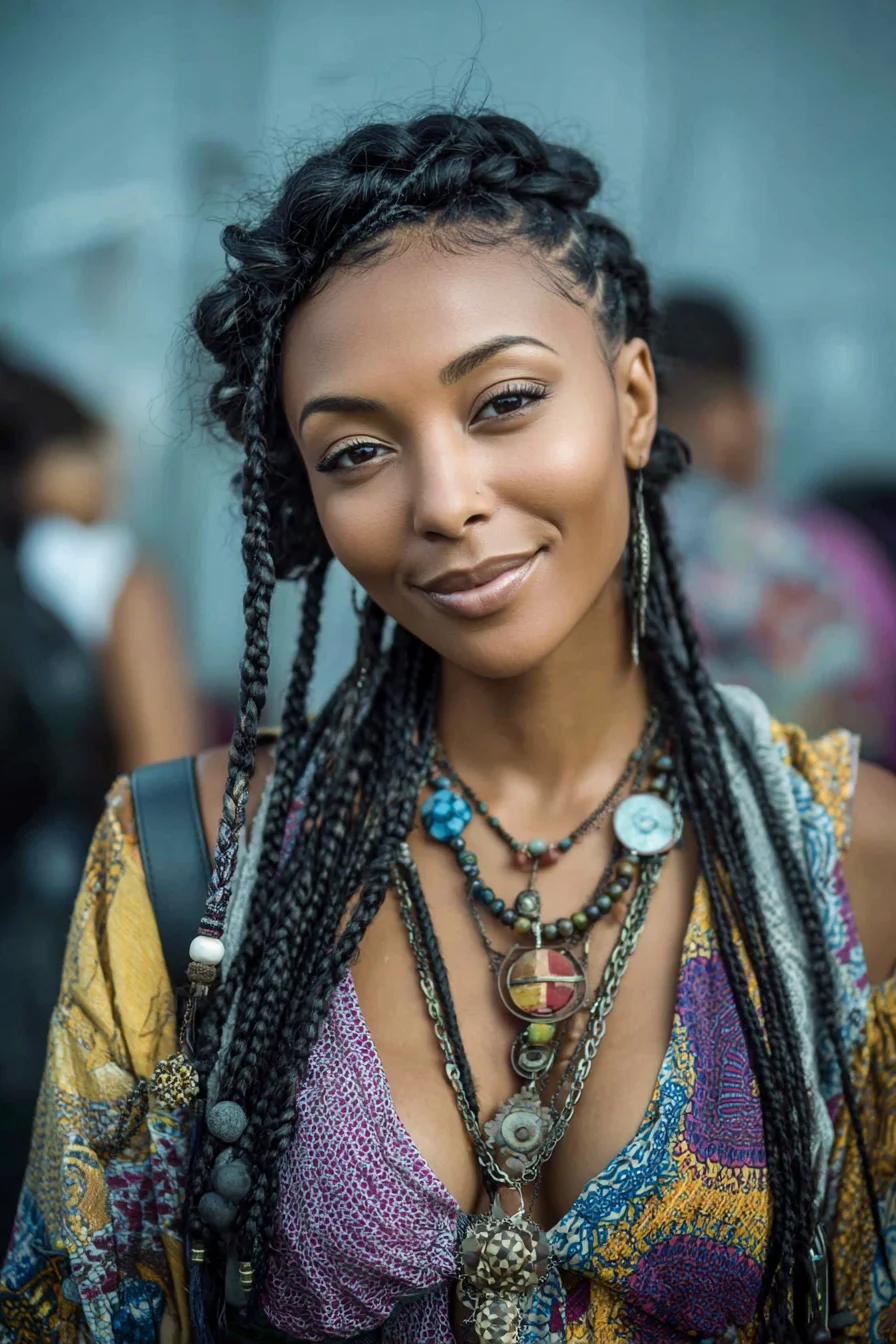 Bohemian Long Microbraids with Twisted Crown and Bead Accents