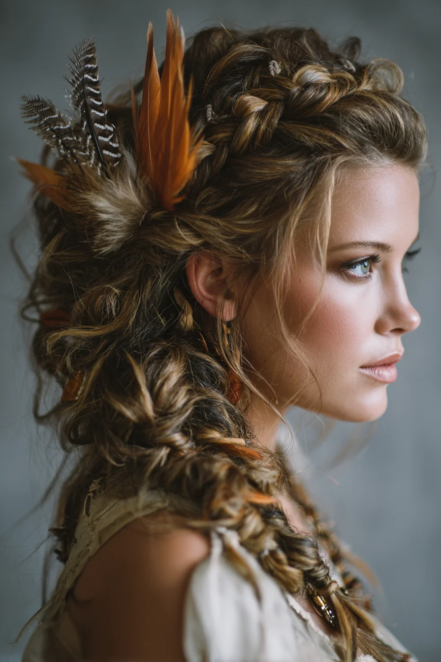 Bohemian Textured Braided Updo with Feather Accents