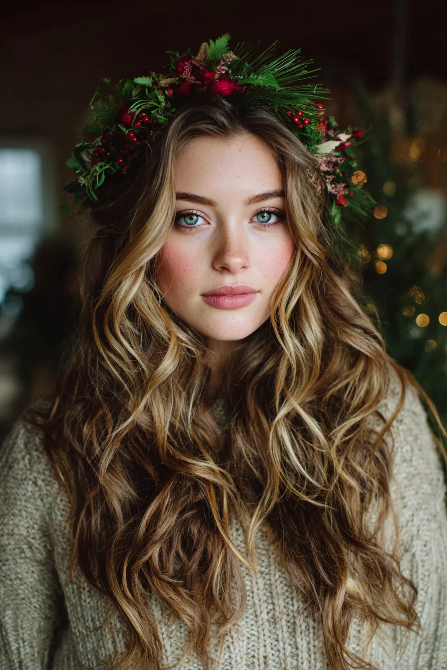 Boho Long Loose Waves with Floral Crown