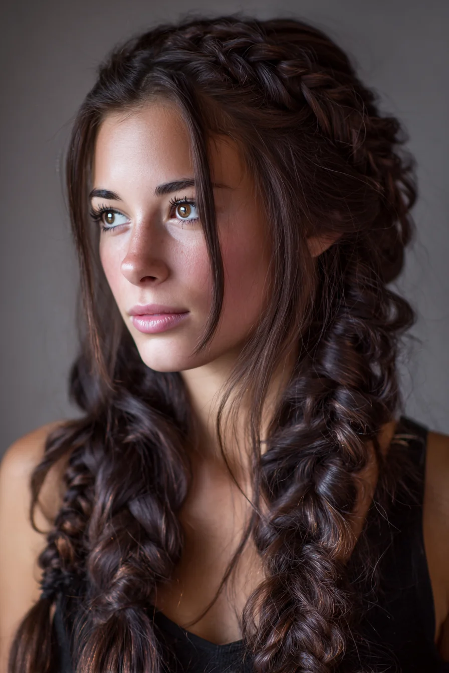 Boho Textured Double Braids with Crown Braid and Face‑Framing Tendrils