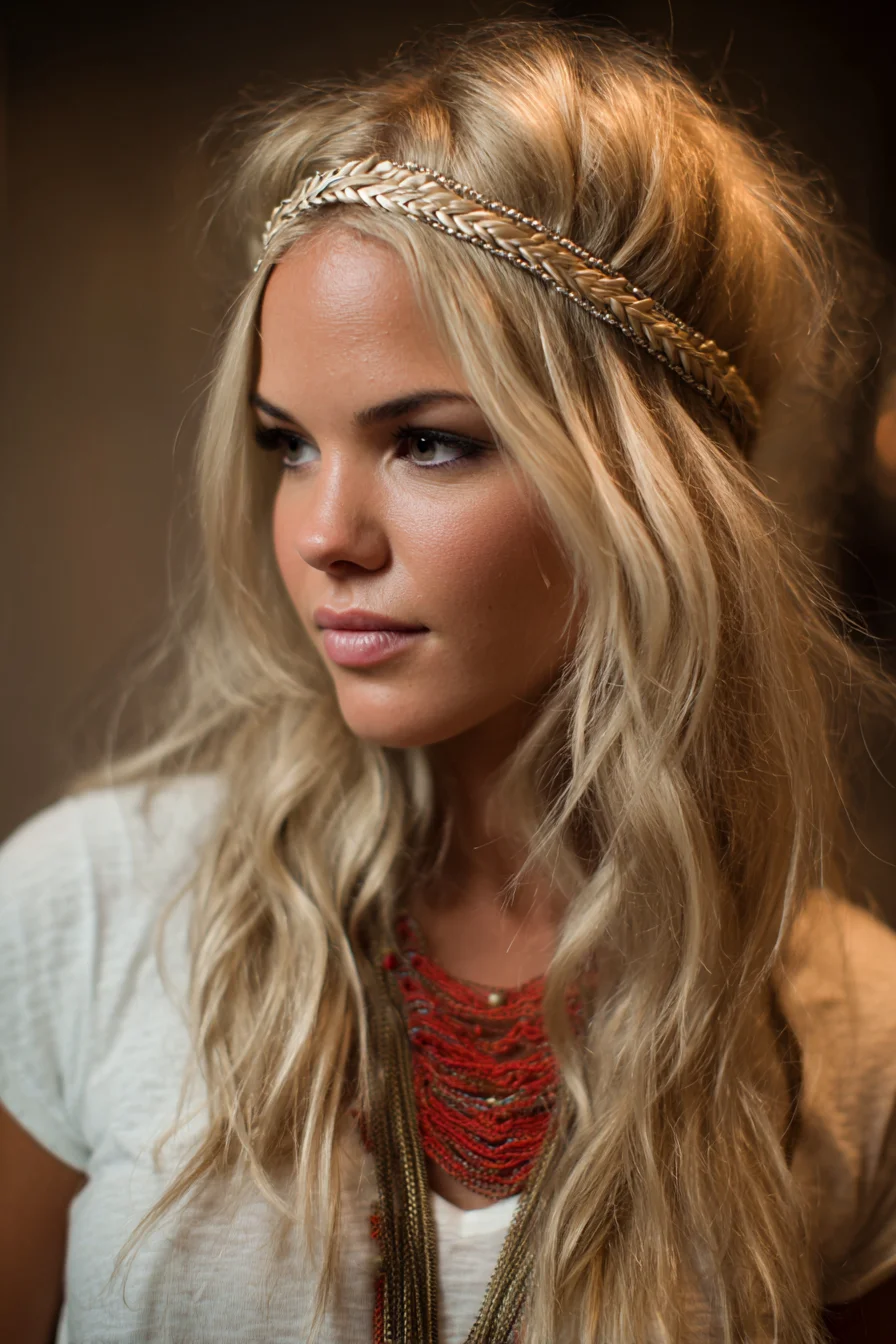 Boho Textured Half-Up with Braided Headband and Beach Waves