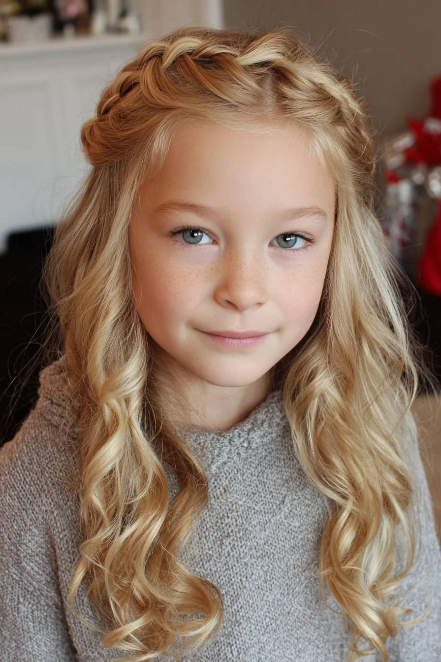 Braided Crown Half-Up with Loose Curls for Medium to Long Hair