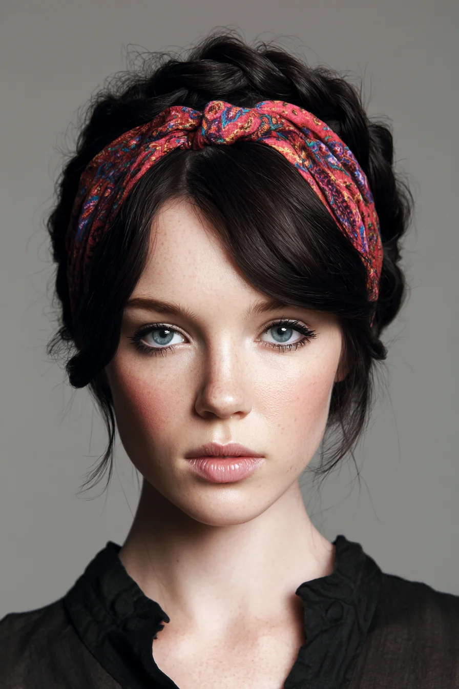 Braided Crown with Knotted Scarf and Soft Face‑Framing Bangs