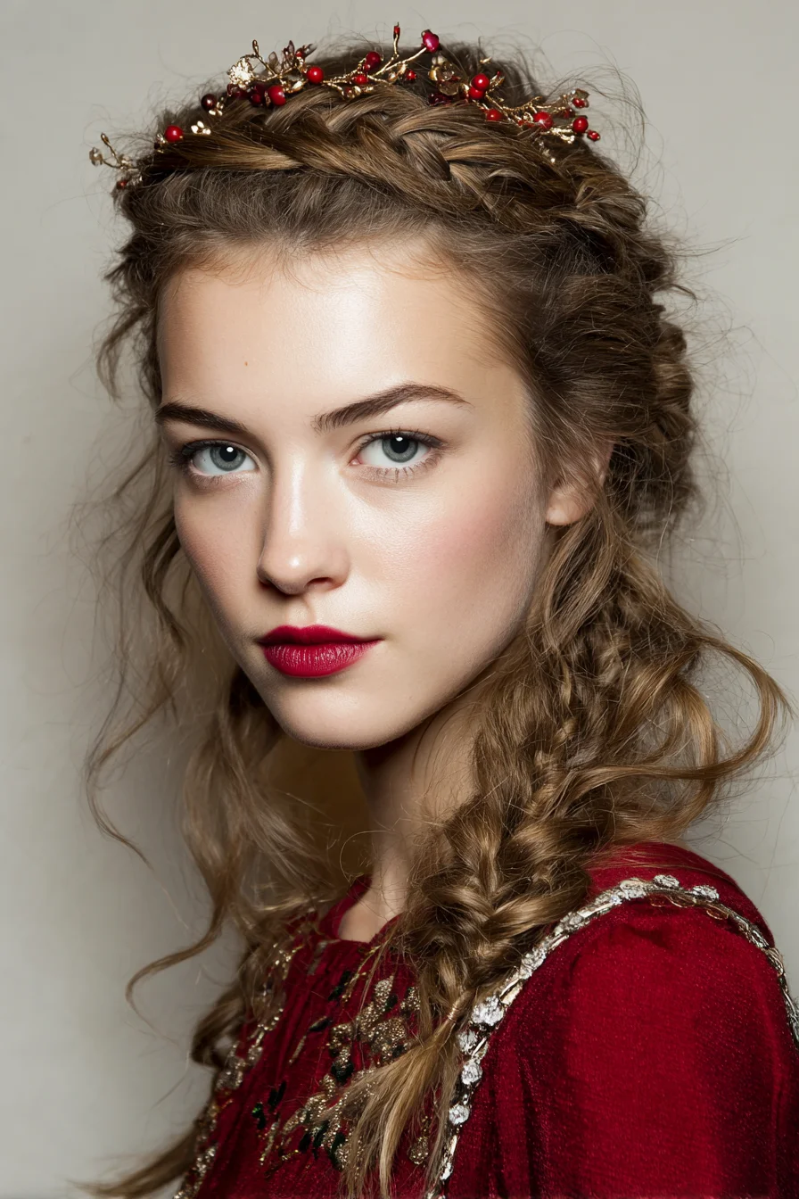 Braided crown with loose side fishtail and delicate accessory