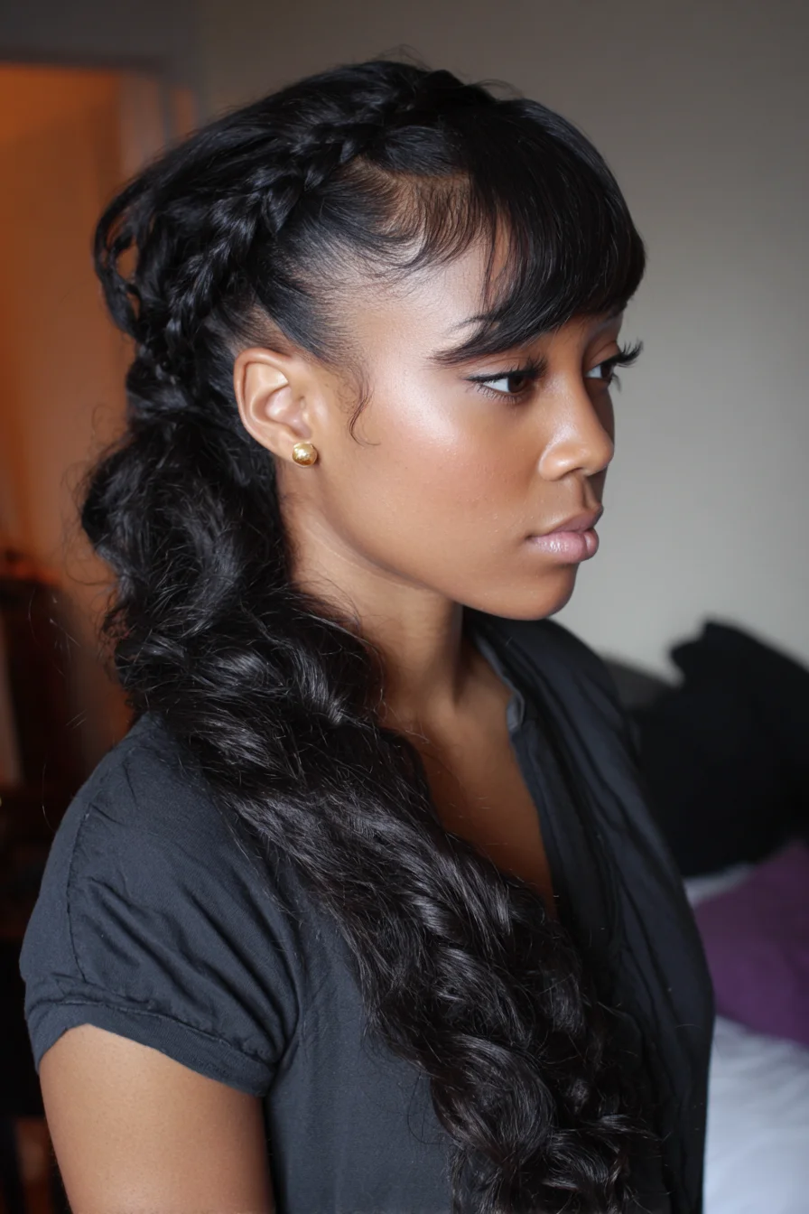 Braided Half-Pony with Sleek Bangs and Textured Waves