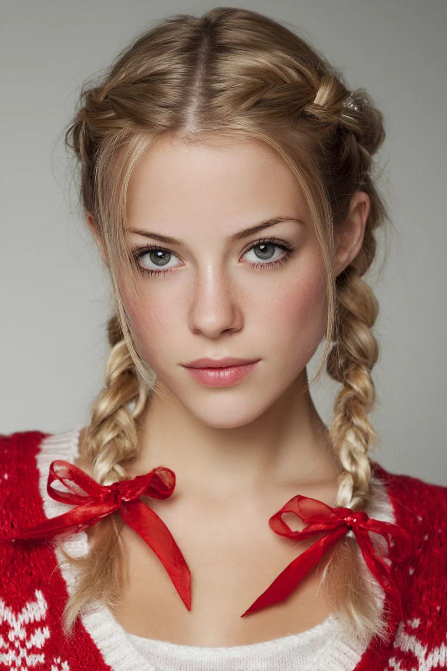 Center-Parted Double French/Dutch Braids with Ribbon Bows