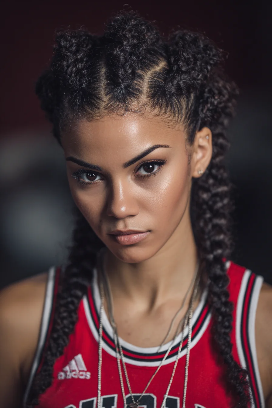 Chunky Raised Cornrows into Two Long Braids with Defined Edges