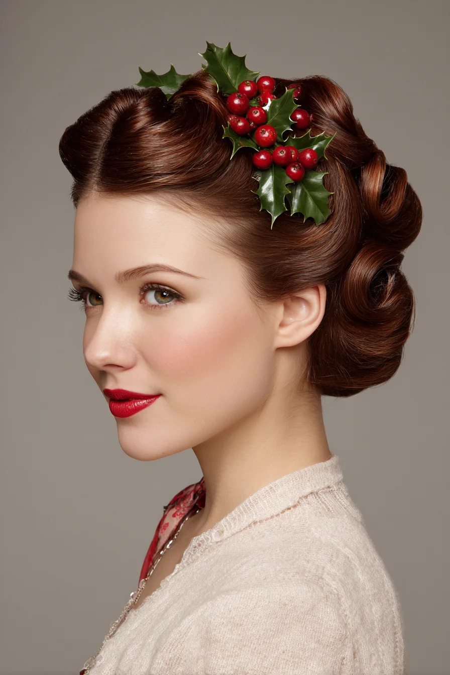 Classic Vintage Finger-Wave Updo with Holly Accent