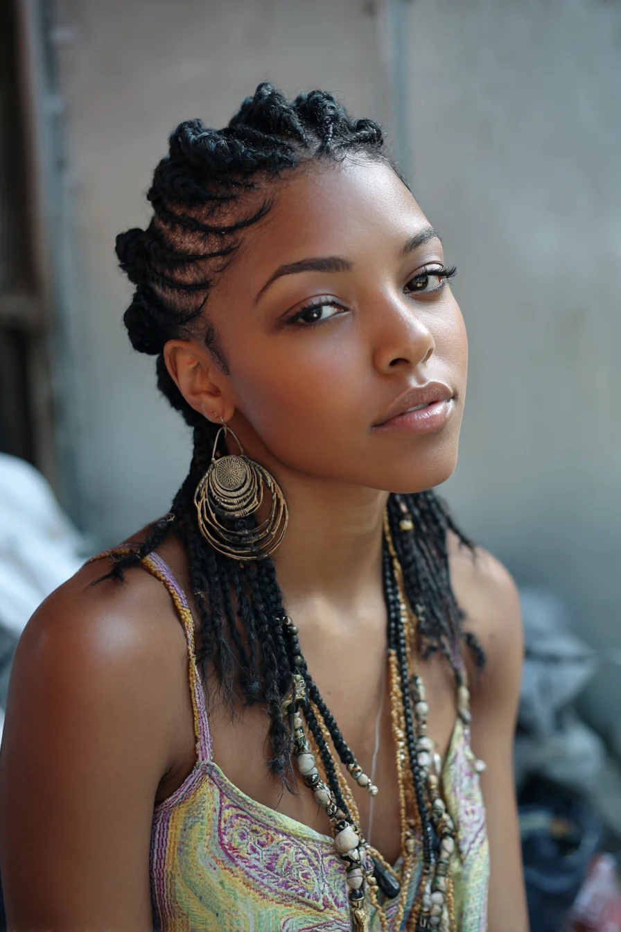 Cornrow Feed-In Braids with Short Box Braids and Beaded Ends