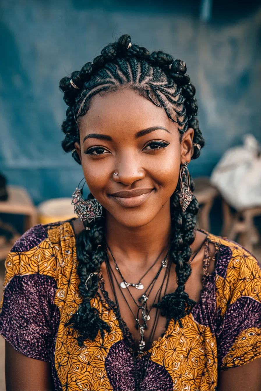Cornrow Feed‑In Braids with Twisted Crown and Beaded Ends
