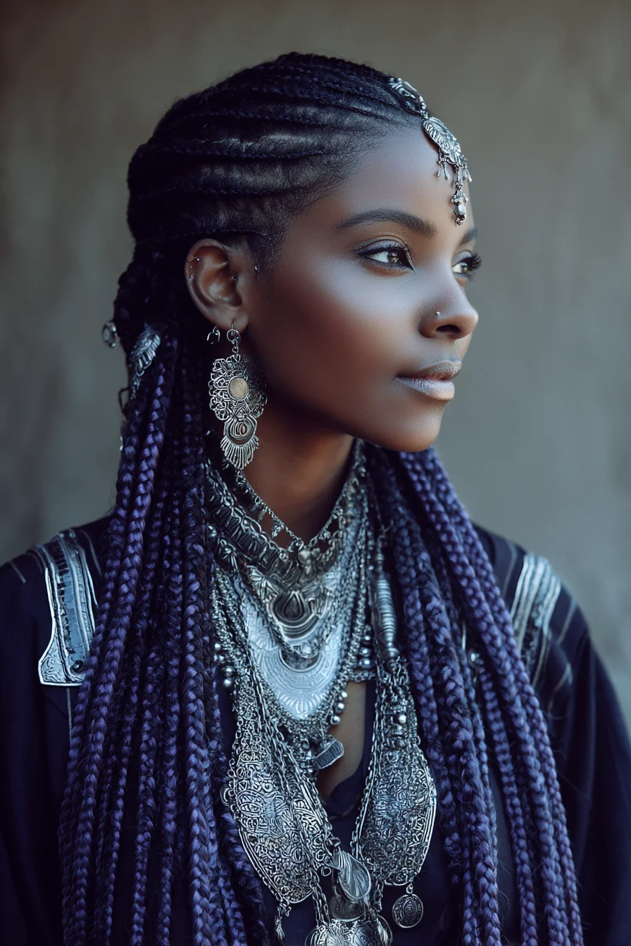 Cornrow Feed‑In Top with Long Purple Box Braids