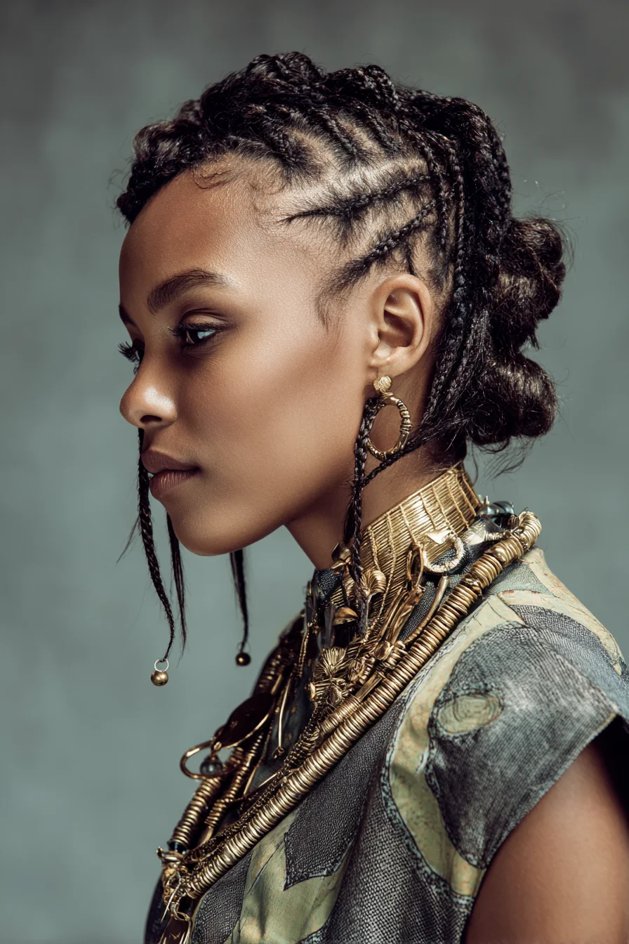 Cornrow-to-Bun Updo with Face‑Framing Micro Braids — Natural Hair