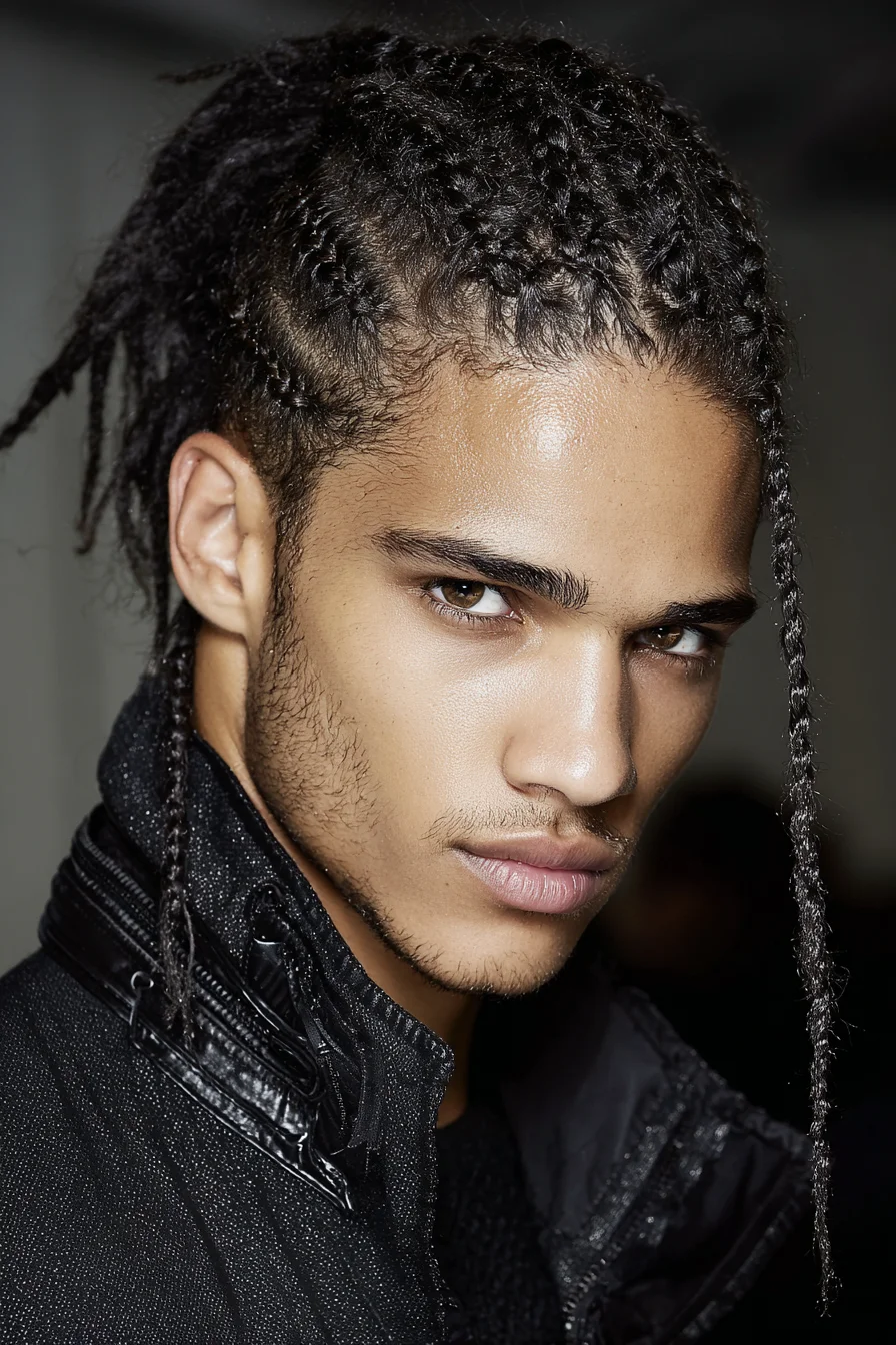 Cornrowed Ponytail with Face‑Framing Single Braids for Textured Hair