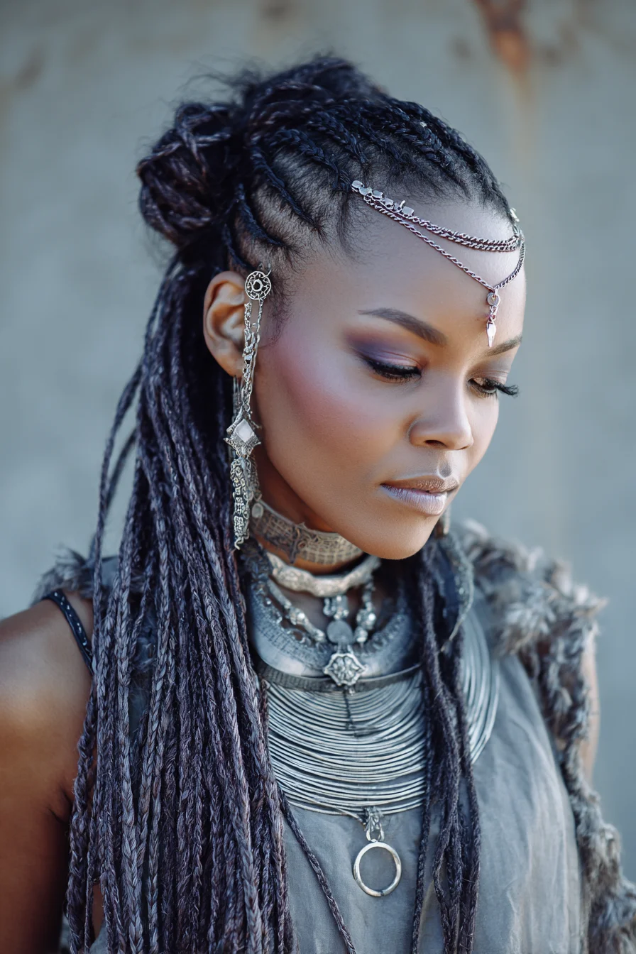 Cornrowed Scalp with Long Micro-Twists & Half-Up Bun — Boho Tribal Braids