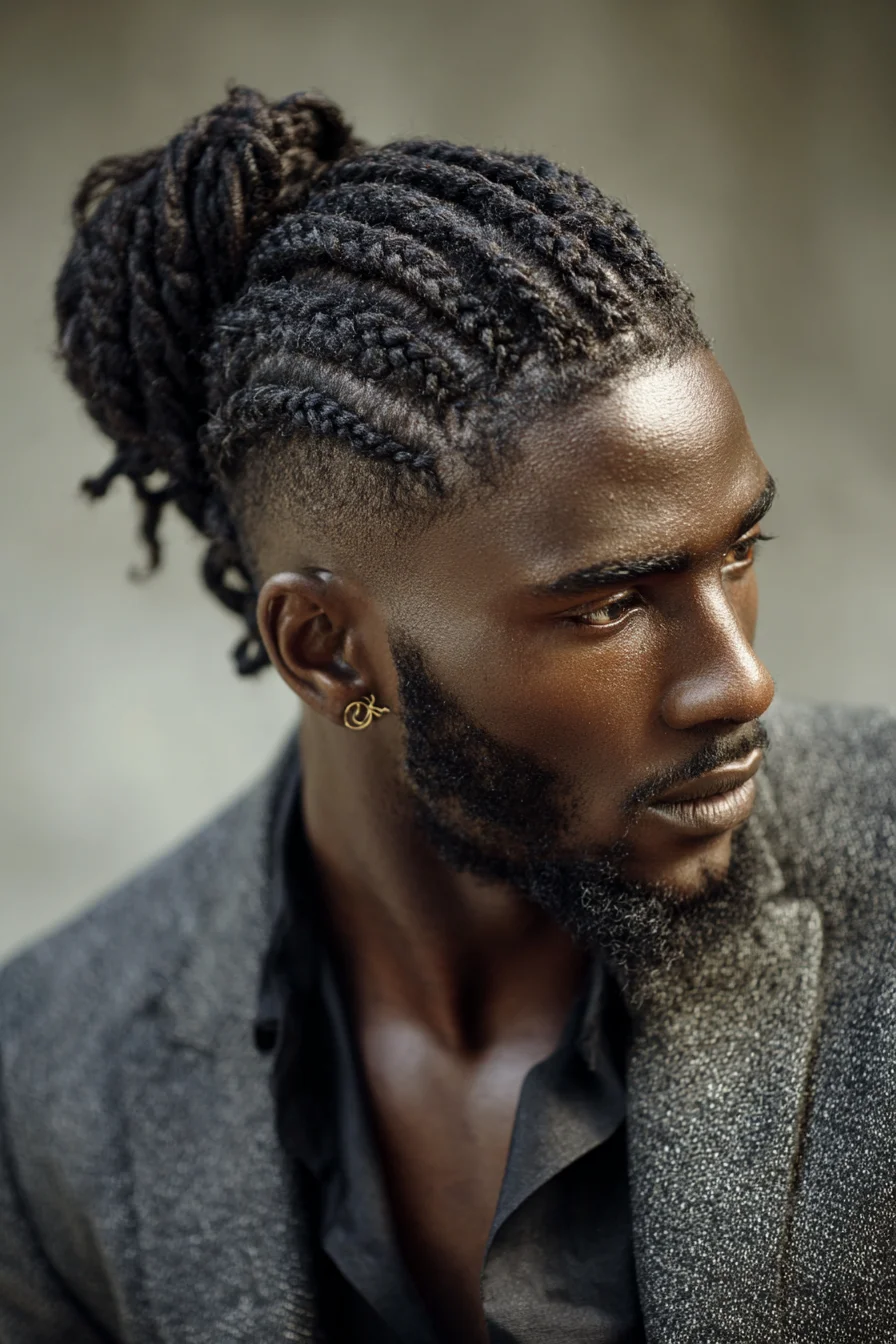 Cornrowed Top Knot with Skin Fade — Braided Dread Bun