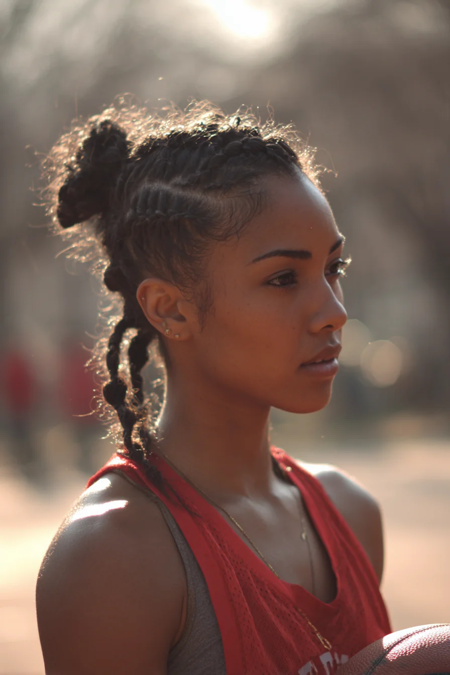 Cornrowed Top Knot with Twisted Low Braids — Protective Style for Natural Hair