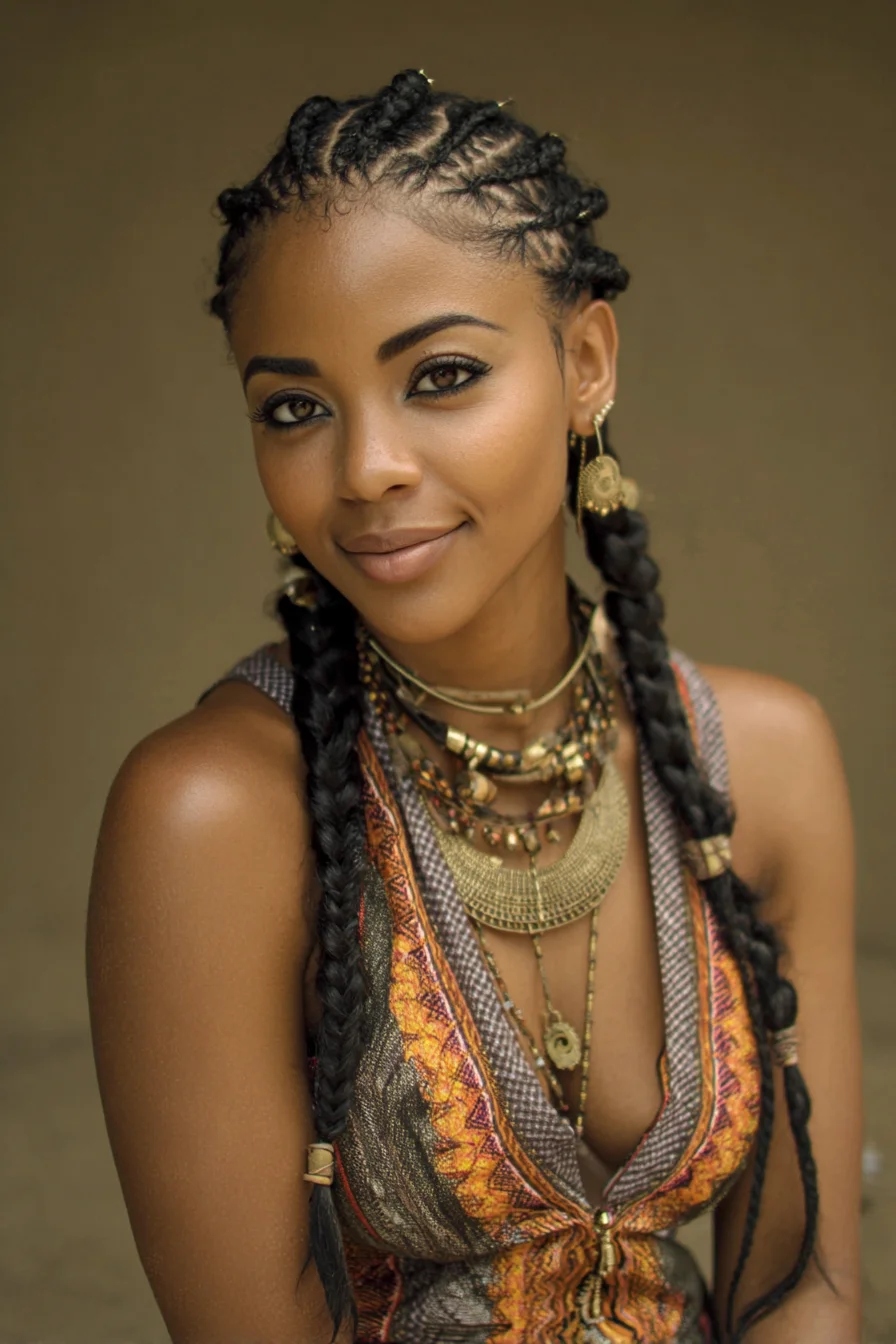 Cornrows Into Long Twin Braids with Decorative Cuffs