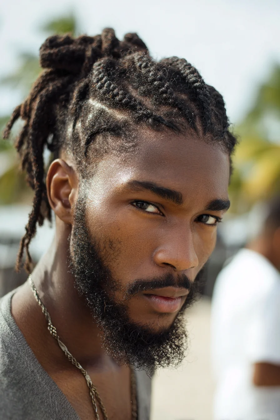 Cornrows Pulled Into Textured Ponytail with Twisted Ends — Mens Natural Braids