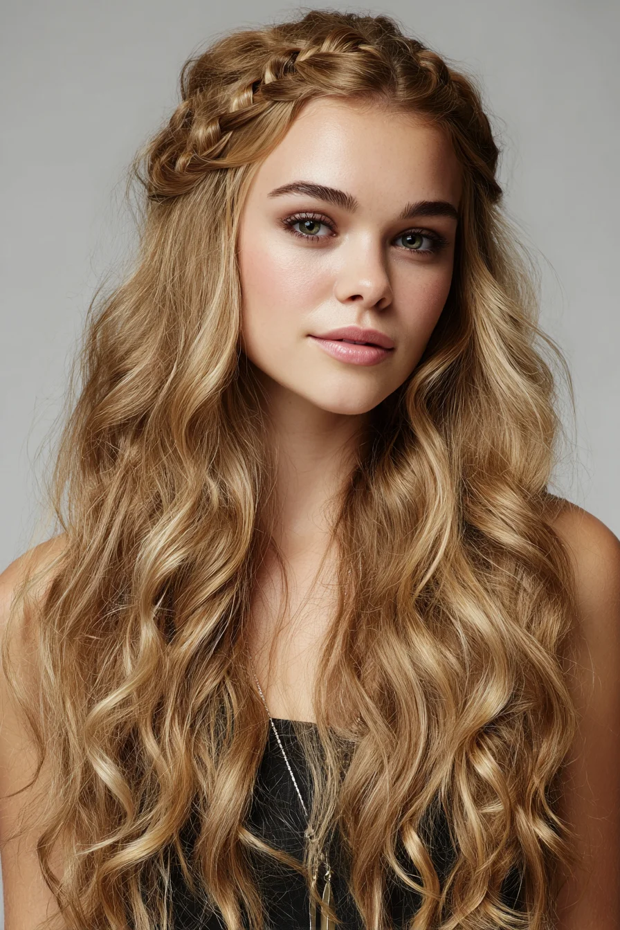 Crown Braid Halo with Loose Beach Waves for Long Wavy Hair