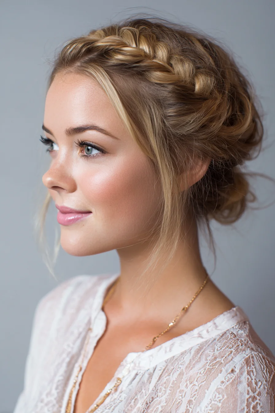 Crown Braid Halo with Low Messy Bun — Braided Updo for Medium-Long Hair