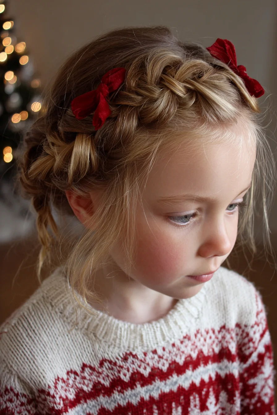 Crown Dutch Braids with Festive Bow Accents