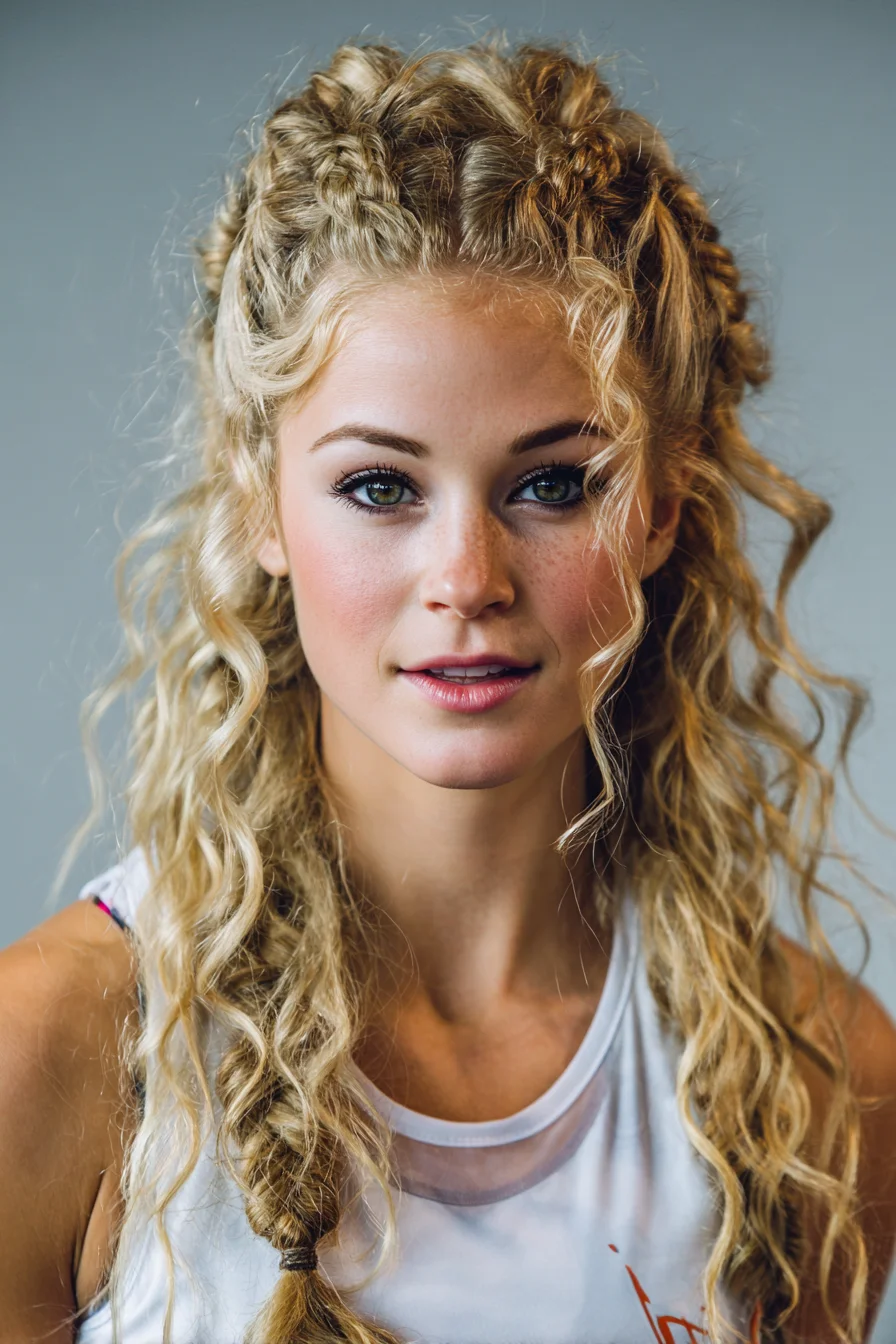Curly Half-Up Braided Crown with Beachy Waves